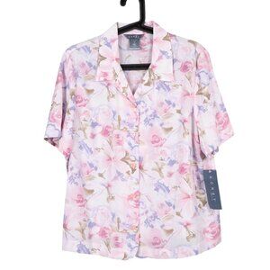 Koret Button Up Floral Shirt Petite 16 Women Blouse 16P Short Sleeve Pink Purple